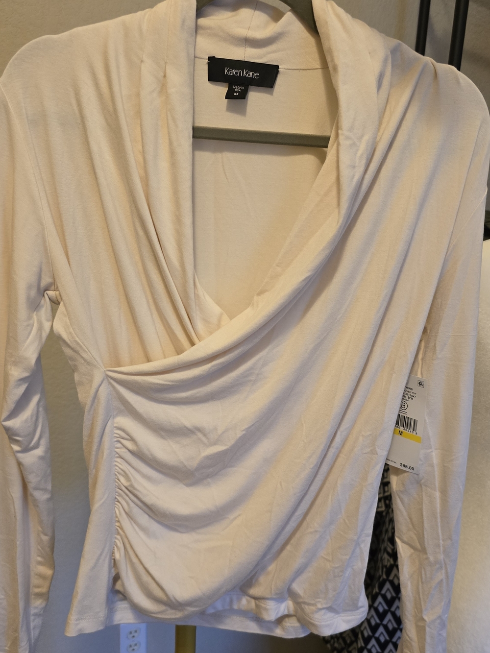 Karen Kane Cream Ruched Crossover Long-Sleeve Top